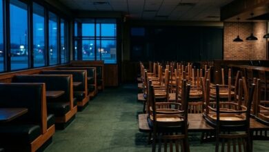 Empty casual-dining restaurant dining room at dusk with chairs stacked on tables (illustrative)