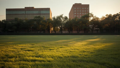 An empty grassy development site on the edge of a downtown skyline at golden hour, illustrating the Paramount Nashville office search (illustrative)