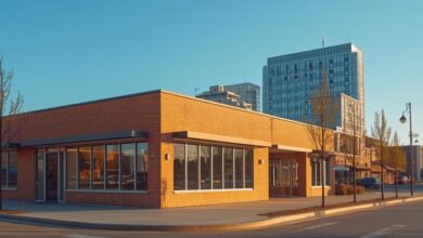 A new single-storey brick quick-service restaurant building on a Nashville corner in early morning light, representative of a new Midtown restaurant opening (illustrative)