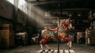 A brightly painted antique carousel horse sits on a pallet in warehouse storage (illustrative)