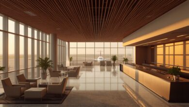 Spacious modern airport lounge interior with wood slat ceiling, armchairs and windows overlooking an airfield at golden hour (illustrative)