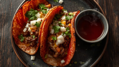 Two crispy birria tacos with shredded beef, onion and cilantro beside a cup of red consomme, illustrating Talkin Tacos opening in downtown Nashville (illustrative)