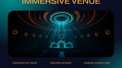Illustrative graphic of a small stage ringed by concentric light and 360-degree speaker arrays, representing Nashville's first immersive music venue in Wedgewood-Houston (illustrative)