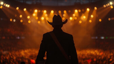 Silhouette of a country singer with an acoustic guitar on a stadium stage at night (illustrative)
