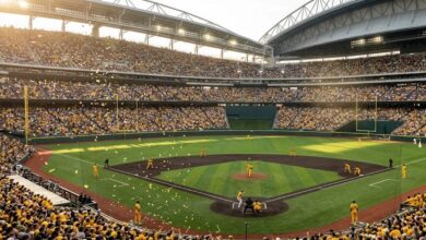 A packed stadium crowd in yellow at a baseball game with confetti (illustrative, AI-generated)